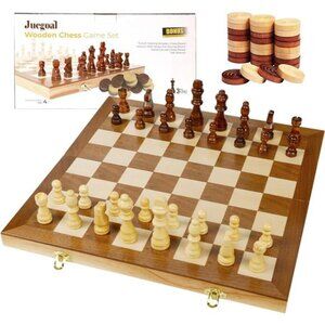 Wooden Chess & Checkers Set, 2 in 1 Board Games for Kids and Adults
